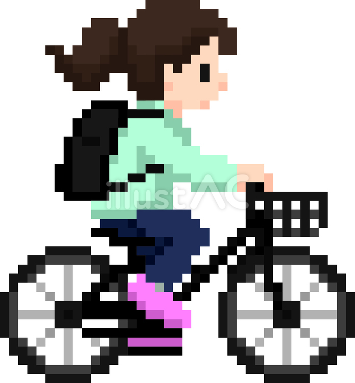 ドット絵の黒の自転車に乗る女の子です。 ドット絵,自転車,シンプルのイラスト素材