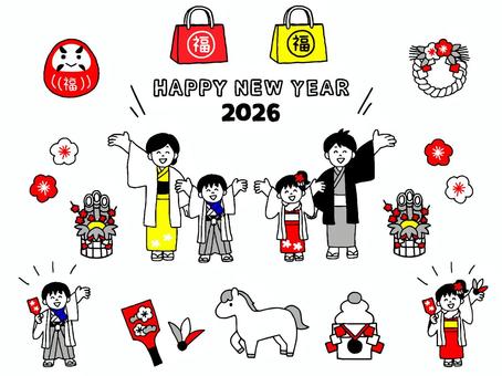 正月家族2026年イラストセット 人物,家族,年賀状,馬,正月,2026,2026年,着物,子供,冬のイラスト素材