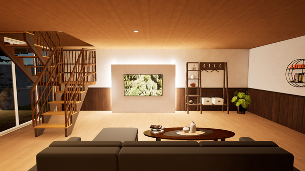 和モダン住宅（リビングルーム） 3d,背景素材,cad,trpg,動画背景,和モダン,リビング,ソファ,シェルフのイラスト素材