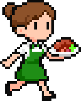 ドット絵の緑のウェイトレスです。 ドット絵,レストラン,シンプル,サービス,ホール,フロア,接客,配膳,飲食業,接遇のイラスト素材