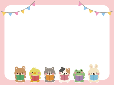 読書をする動物たちのフレーム① 動物,本,フレーム,読書,クマ,ウサギ,猫,犬,ヒヨコ,狼のイラスト素材