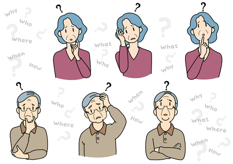 認知症5W1H シニア,老人性,認知症,男性,女性,物忘れ,5w1h,クエスチョン,腕組み,見上げるのイラスト素材