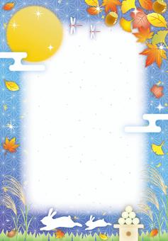 お月見の紅葉と草原カード（縦） 秋,お月見,すすき,うさぎ,月,和,紅葉,キラキラ,かわいい,フレームのイラスト素材