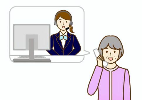 電話で問い合わせ相談をする高齢者女性 電話,受話器,問い合わせ,相談,コールセンター,女性,パソコン,オペレーター,ヘッドセット,仕事のイラスト素材