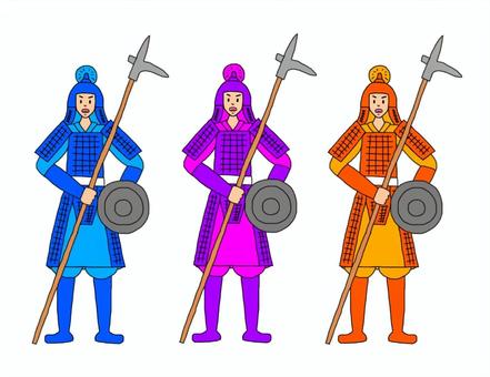中華風武者の3色セット 中国,古代,戦士,武者,キングダム,春秋戦国時代,三国志,兵士,兵隊,明軍のイラスト素材