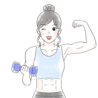 ダンベルで鍛える女性 水彩風イラスト 女性,ダンベル,筋肉,筋トレ,鍛える,力こぶ,隆々,腹筋,シックスパック,力のイラスト素材