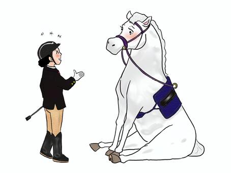 ハ～イ、おすわりぃ～ 人物,大人,女性,乗馬,動物,馬,おすわり,全身,手書きのイラスト素材
