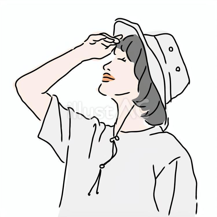 帽子を被って眩しそうに上を見る女性 帽子,女性,登山のイラスト素材