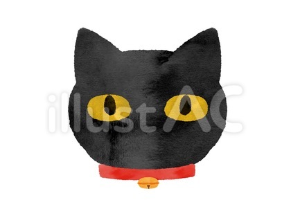 水彩風赤い首輪を付けた黒猫顔アイコン