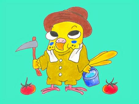 インコ農作業 インコ,農作業,トマト,帽子,鳥,手書き,かわいいのイラスト素材