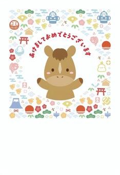 馬とお正月柄の和風フレーム 午年の年賀状 年賀状,馬,正月,お正月,午,和風,フレーム,背景,枠,飾り枠のイラスト素材