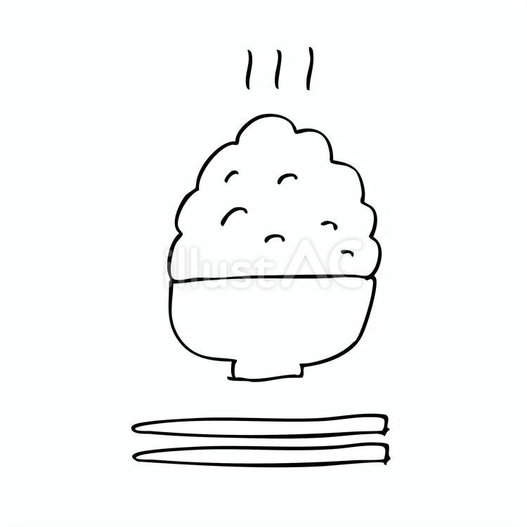ほかほかごはん茶碗と箸のモノクロイラスト ごはん,白米,茶碗のイラスト素材
