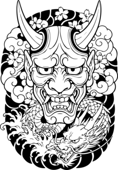 トライバル柄の般若と龍 タトゥー,トライバル,般若,龍,刺青のイラスト素材