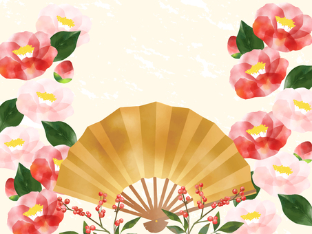 正月素材　扇子と和花の縁起のいい枠　1 年賀状,お正月,新春,冬,和風,午年,祝い,フレーム,謹賀新年,和柄のイラスト素材