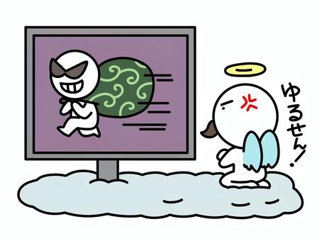下界を監視する棒人間の神様 神様,棒人間,監視,テレビ,モニター,ディスプレイ,泥棒,犯罪,逃げる,唐草模様のイラスト素材
