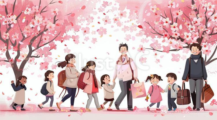 桜並木を歩く親子 桜並木を歩く親子 桜,春,女性のイラスト素材