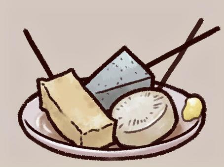 おでん盛り合わせイラスト・湯気無・冬料理 おでん,和食,食べ物,からし,厚揚げ,大根,こんにゃく,メニューのイラスト素材