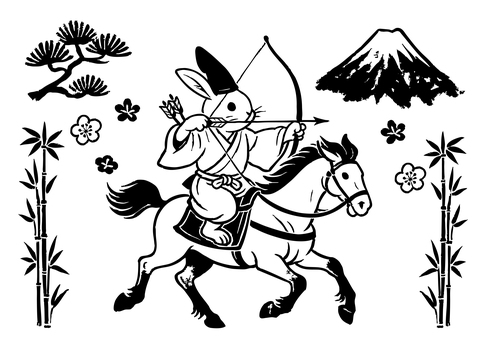 鳥獣戯画風流鏑馬の年賀状素材兎 鳥獣戯画風流鏑馬の年賀状素材兎 馬,ウマ,動物,干支,2026,2026年,令和8年,流鏑馬,年賀状,鳥獣戯画のイラスト素材