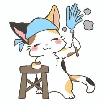 はたきと踏み台を手に、お掃除する三毛猫 お掃除,大掃除,踏み台,三毛猫,埃,猫,片付け,はたき,清掃,美化活動のイラスト素材