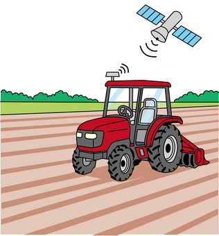 自動運転のトラクターとGPS衛星 トラクター,自動運転,gps衛星,農場,スマート農業のイラスト素材