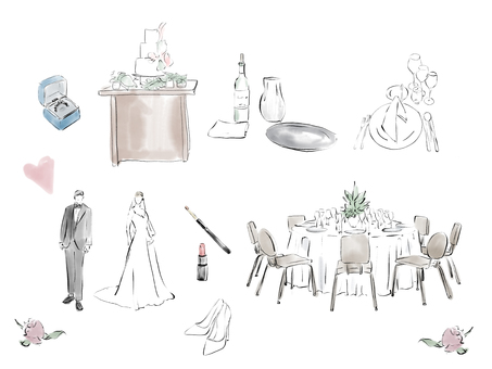 ウエディング結婚式のセットイラスト 結婚式,披露宴,テーブル,円卓,グラス,お皿,会場,イラスト,装飾,パーティーのイラスト素材