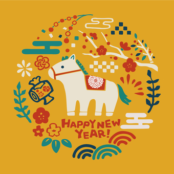 2026年午年用和柄と馬のレトロイラスト