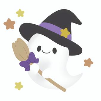 魔女の帽子を被ったかわいいおばけと箒② ハロウィン,おばけ,魔女,魔女の帽子,帽子,ほうき,ゴースト,星,秋イベント,秋のイラスト素材