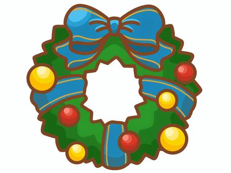 クリスマスリース（ブルーリボン） クリスマス,リース,リボン,青,ブルー,手描き,一つ,一個,ワンポイント,かわいいのイラスト素材