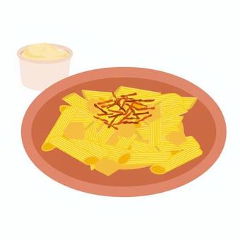 アルペンマカロニ アルペンマカロニ,皿,パスタ,じゃがいも,ベーコン,ソース,黄色,茶色,白色,ナチュラルのイラスト素材