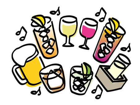 みんなで乾杯！_ラフな色ズレゆるい絵 乾杯,ビール,生,レモン,日本酒,冷酒,ワイン,ウイスキー,ロック,カシスのイラスト素材
