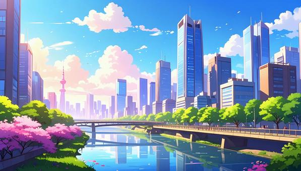 高層ビル街と運河