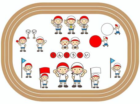 運動会 運動会,学校,行事,子供,体操着,赤組,白組,大玉ころがし,メダル,玉入れのイラスト素材