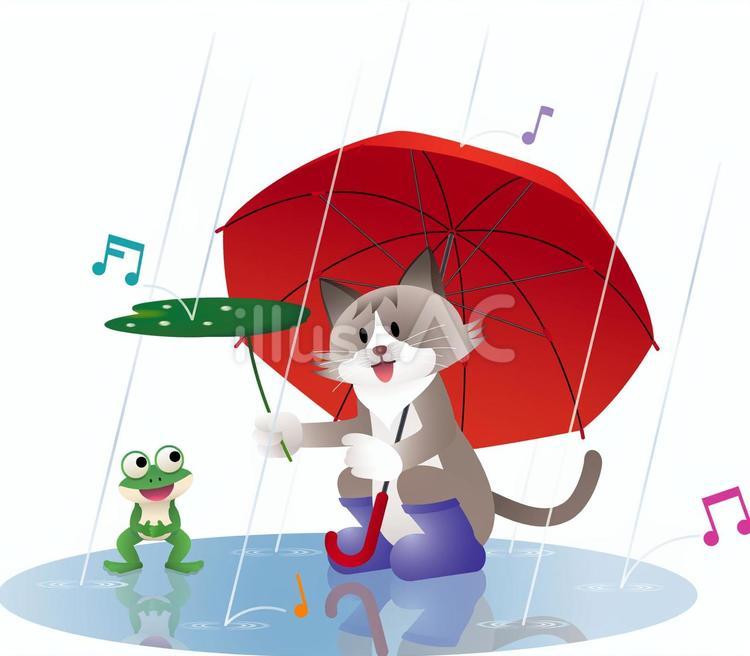 ネコと雨 傘をさすネコ,雨の中のネコ,カエルに蓮の葉をさすネコのイラスト素材
