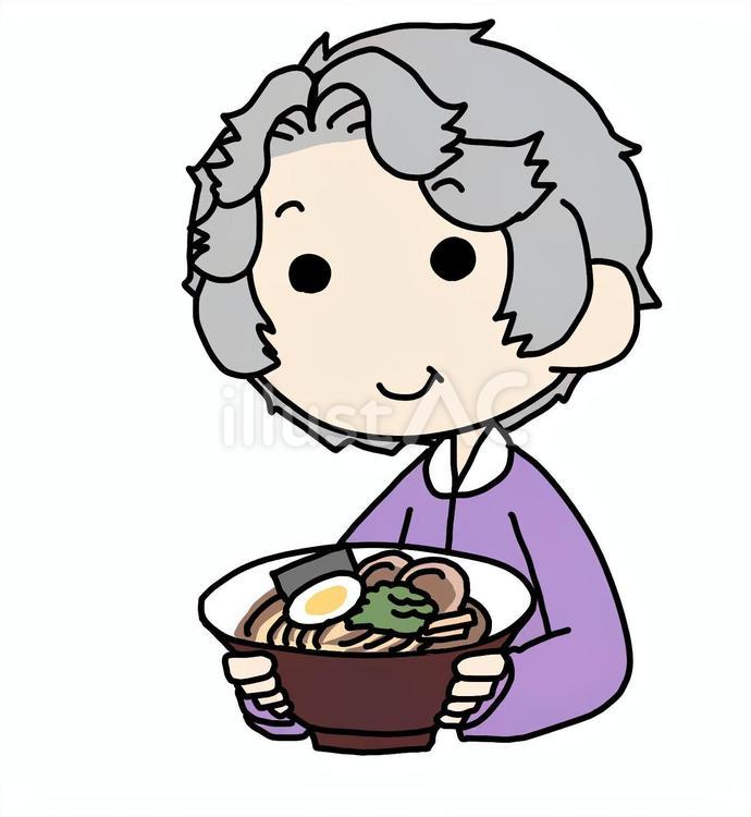 ラーメンとおばあさん おばあさん,ラーメン,どんぶりのイラスト素材