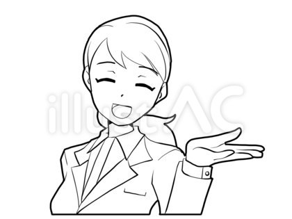 【白黒】笑顔で案内する女性【線画】