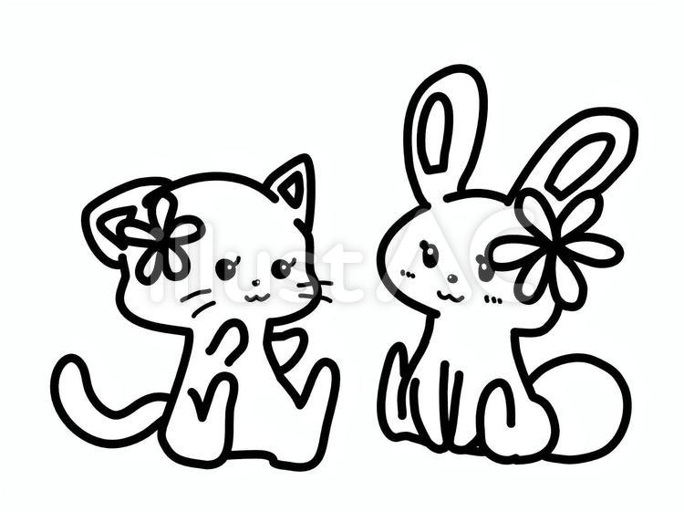 ウサギと猫のぬりえ ぬりえ,うさぎ,ネコのイラスト素材
