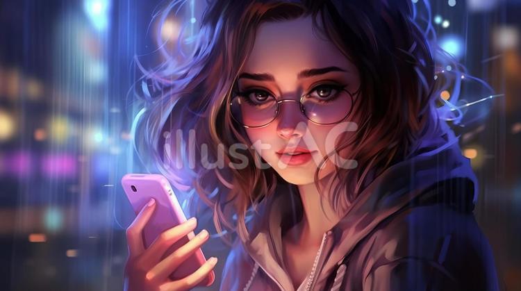 メガネをかける女性 女性,スマホ,持つのイラスト素材
