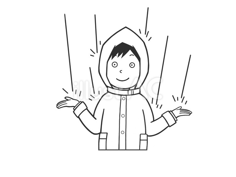 梅雨時(雨の日)にレインコートを着た男性 雨,梅雨,雨合羽のイラスト素材