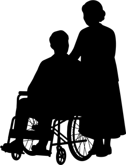 車いす介助のシルエット 介護,車いす,車椅子,介助,高齢者,老人,夫婦,寄り添う,介護施設,在宅介護のイラスト素材