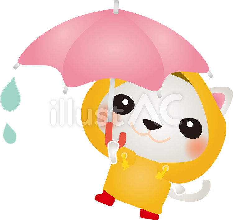 雨の日白ねこ 猫,雨,レインコートのイラスト素材