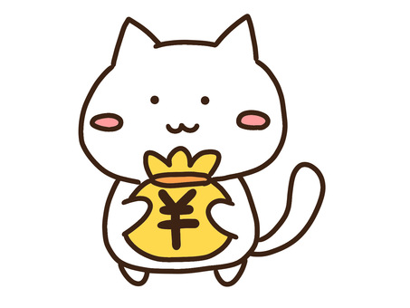 お金の袋をもつかわいいゆるい白ねこ お金,金,袋,動物,ねこ,金融,経済,お小遣い,かわいい,手書きのイラスト素材