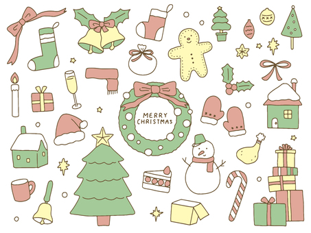 クリスマス　手書きイラストセット クリスマス,冬,飾り,オーナメント,アイコン,クリスマスツリー,雪,ケーキ,家,靴下のイラスト素材
