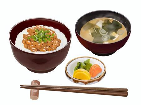 納豆ご飯みそ汁セット（漬物付き） 納豆,ご飯,ごはん,味噌汁,みそ汁,食べ物,和食,日本食,定食,セットのイラスト素材