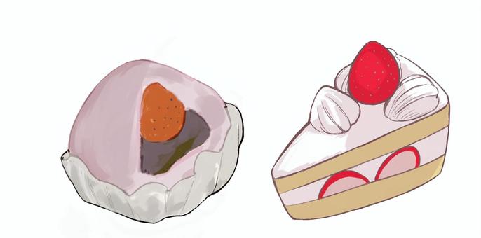 和菓子・洋菓子 おやつ,お菓子,洋菓子,和菓子,苺大福,ショートケーキ,スイーツ,いちご,食べ物のイラスト素材