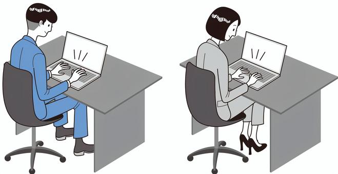 デスクでパソコンしている男性女性
