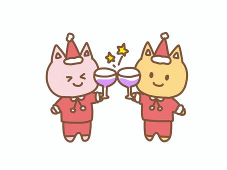 乾杯をするネコサンタ クリスマス,冬,サンタ,乾杯,ねこ,ワイングラス,手描き,かわいい,素材,挿絵のイラスト素材