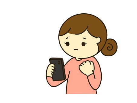 スマホを見て悲しむ女性 スマホ,女性,主婦,心配,悲しい,不安,お団子ヘア,胸騒ぎ,単品,単体のイラスト素材