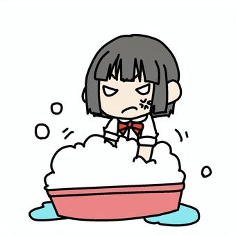 怒ってたらいを泡立てる少女 小学生,たらい,怒る,バケツ,泡立てる,洗濯,手洗い,むかむか,ストレス,フラストレーションのイラスト素材