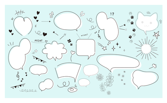 かわいいふきだし 吹き出し,ふきだし,手書き,かわいい,ゆるい,ハート,猫,集中線,星,花のイラスト素材