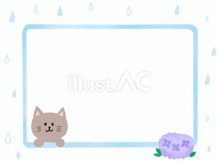梅雨の日の猫と紫陽花：水色のフレーム枠 フレーム,梅雨,紫陽花のイラスト素材